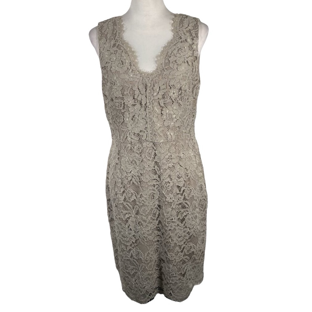 Adrianna Papell Taupe V-Neck Sleeveless Lace Knee-length Evening Sheath Dress 12